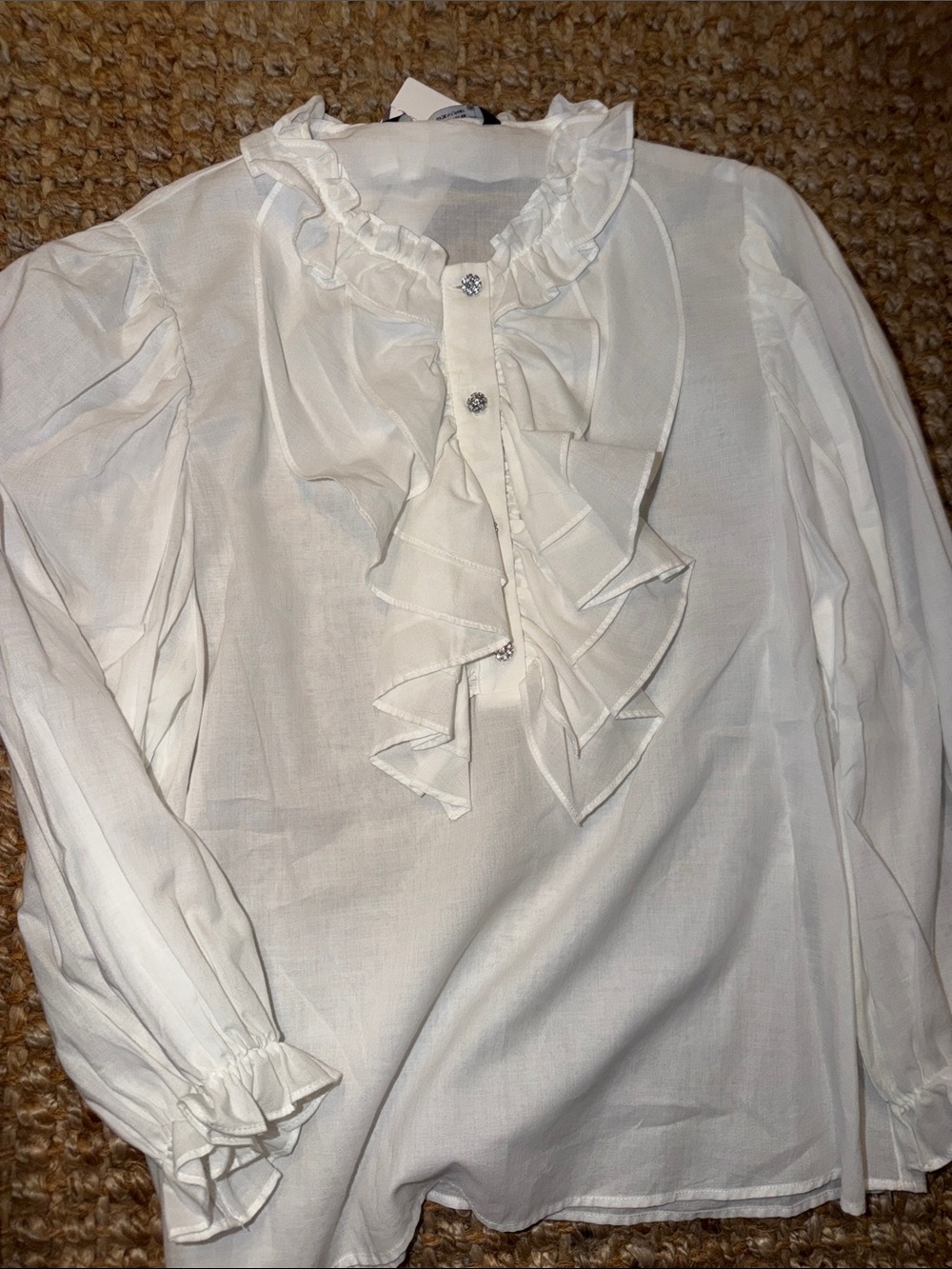 Zara White Ruffle Front Long Sleeve Blouse